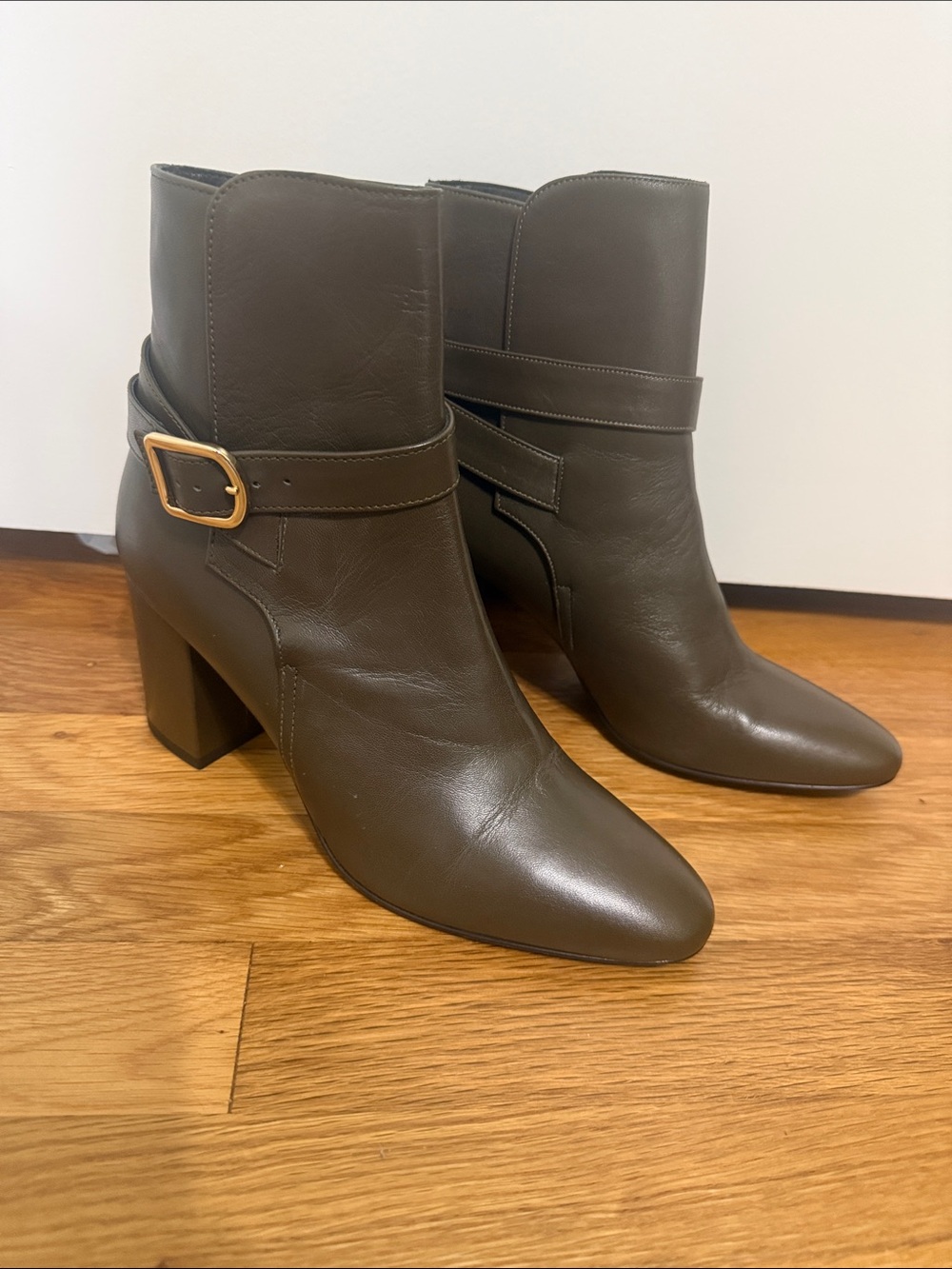 Barneys New York Brown Leather Ankle Booties with Gold Buckle